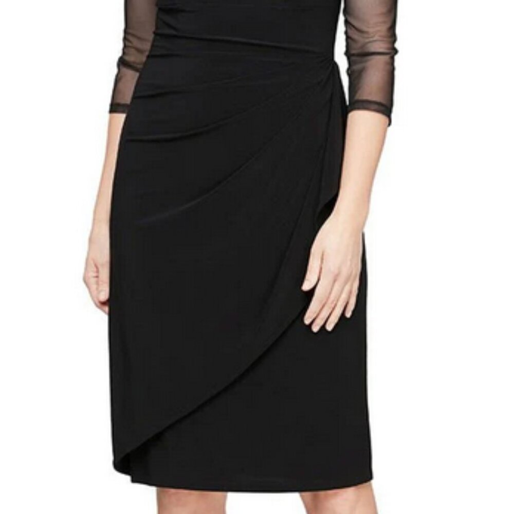 Alex Evenings Black Mesh-Sleeve Sheath Dress with Rhinestone Neckline - Picture 3 of 10